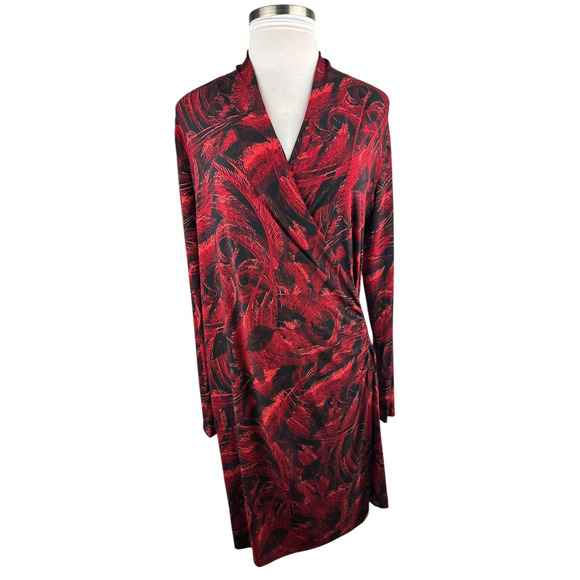 Norma Kamali Faux Wrap Dress Red & Black Feather Print Size XXL 2XL Office Chic - Picture 4 of 16